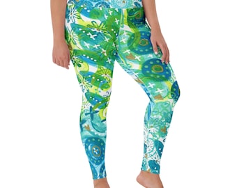 Aqua Dreams Yoga Leggings, Turquoise & Lime Abstract Floral Tights, Artsy Recycled Performance Leggings
