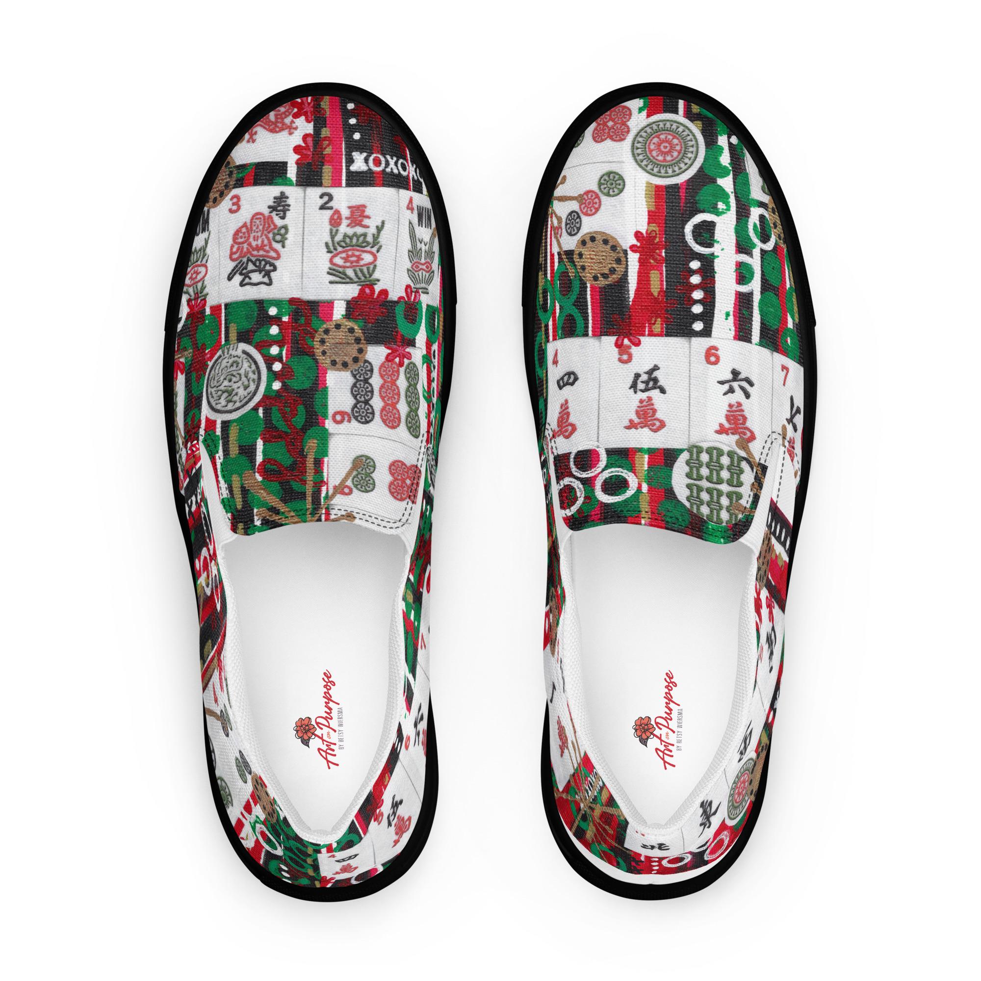 Mahjong Tiles Slip On Canvas Shoes, Artisan Sneaker for Player Retreat,…