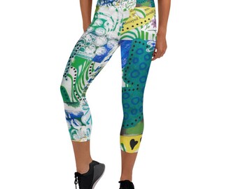 The Blues Yoga Capris, Cobalt Lime Botanical Collage Leggings, Betsy Wiersma Art