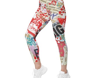 Dream Big Yoga Leggings with Pockets, Colorful Collage Print Performance Tights, Betsy Wiersma Artist Activewear
