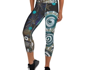 Shiny Night Yoga Capris, Midnight Navy & Gold Celestial Leggings, Betsy Wiersma Art on Purpose