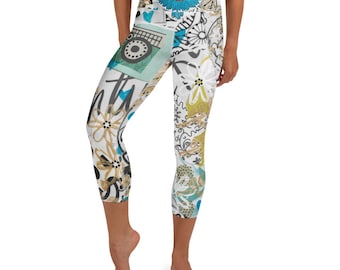 Adventure Yoga Capris, Vintage Camera & Turquoise Mandala Tights, Artsy Recycled Mid-Calf Performance Leggings