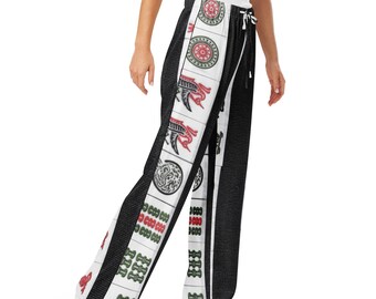 Mahjong Tile Satin Lounge Pants, Black White Stripe Pajamas, Game Night Gift