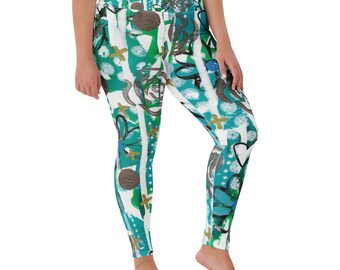 Rose Power Yoga Leggings, Teal & Mint Botanical Collage Tights, Artsy Recycled Performance Leggings