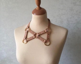 Leather Bow Necklace | collar,tan,gold,beige,nude,neck,artist,performer,rave,festival,formal,tie,unisex,buckle,festival