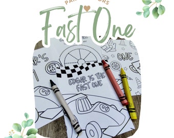 May include: A set of four black and white coloring pages featuring a race car theme. The pages include a race car, a checkered flag, a pit stop, and a trophy. The pages are accompanied by three crayons in pink, yellow, and gray.