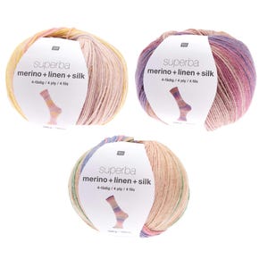 May include: Three balls of Superba merino, linen, and silk yarn in pastel shades. Each ball has a white label with the brand name and fibre details. The yarn is multi-coloured, with hues of pink, yellow, and blue.