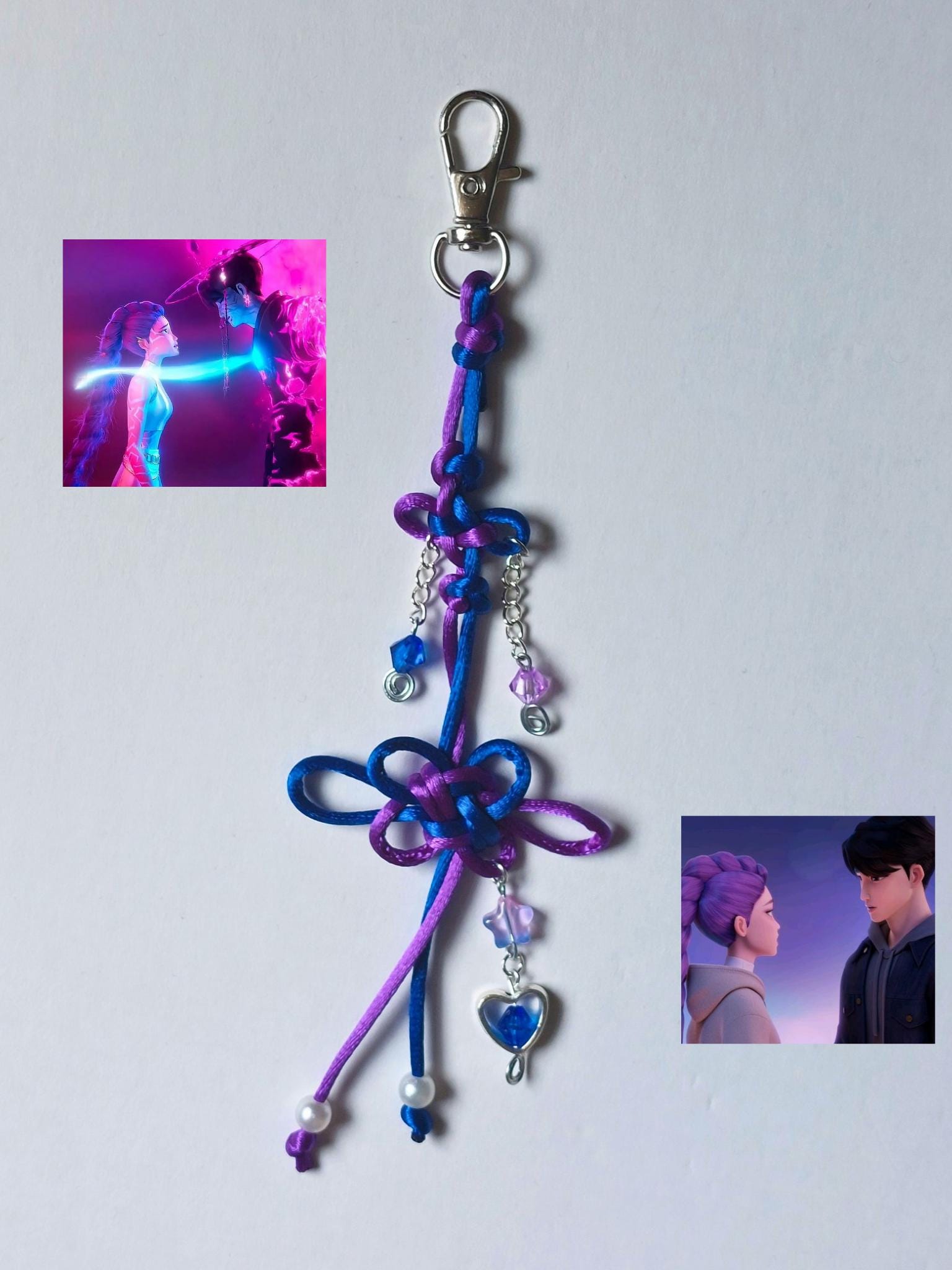 K-Pop Demon Hunters Keychain, Handmade Korean Knot Keychain with Beads, Inspired by Rumi and Jinu, blue and purple knot keychain