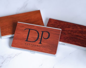 Wooden business card holder personalized with laser engraving