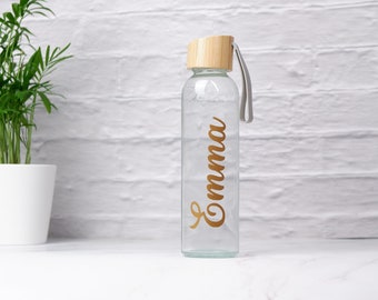 600ml Trinkflasche aus Glas mit Bambusdeckel personalisiert