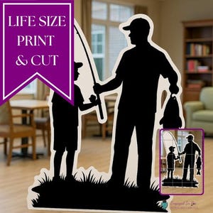 Silhouette père et fils à la pêche PDF | découpe imprimable grandeur nature pour la fête des pères | Présentoir DIY pour personnes âgées | Poster en mosaïque
