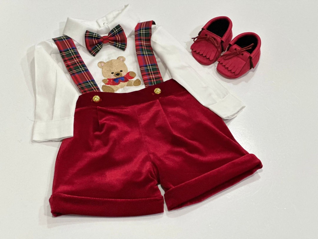 Red Baby Boys Christmas Outfit,baby Boys Plain Pants Short Custom Name