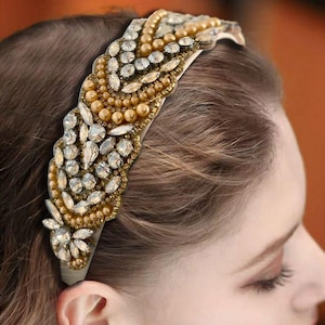 Crystal Bridal Headband, Gemstone Rhinestone Pearl Embellishment, Gold/Silver Hand Beaded Headband, Pearl Headband, Mother&#39;s Day Gift