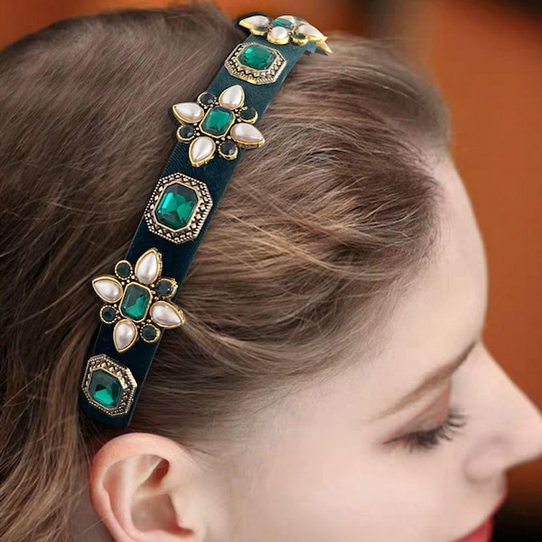 Vintage velvet headband gemstone rhinestone pearl embellishment, hand beaded headband, black, red, green, brown. Mother's Day Gift