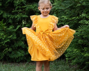 Girls Yellow Gold Ruffle Lace Halloween Party Dress,  Toddler Girls Holiday Shinning Tutu Dress, Flower Girls,Birthday Dress Free Scrunchies