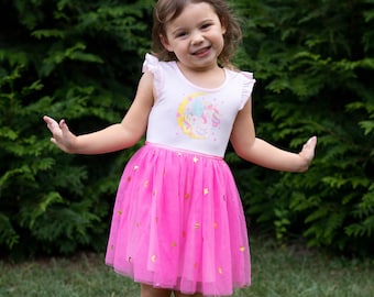 Pink Tutu Unicorn Dress for Girls Casual Summer Short Sleeve Unicorn Princess Party Wedding Birthday Tulle Skirts Dresses for girl 3-7 Years