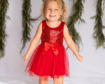 Holiday Red Girl's Tutu Sequins Sleeveless Dress, Summer Sleeveless Dress, Wedding, Party, Birthday Tulle Skirts Dresses for Girl 3-7 Years