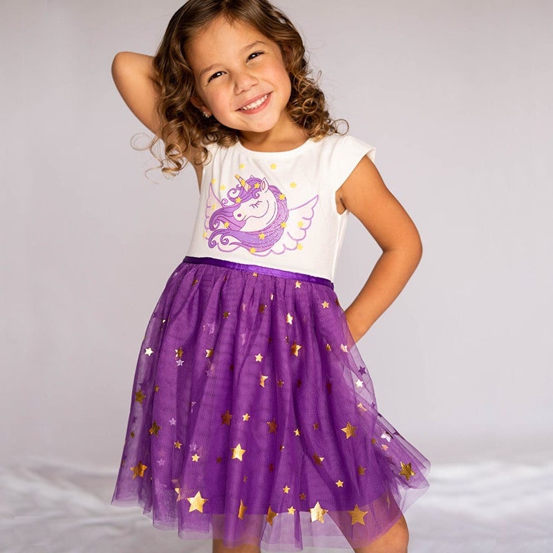 Terry Stuff Unicorn Printed Mid-Season Dress For Baby Girl In Purple Color main image 0