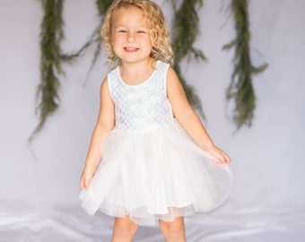 White Flower Girls Dress White Sequins Toddler Girls Wedding Birthday Party Dresses Special Occasion Princess Dress Tutu Dress Holiday Dress