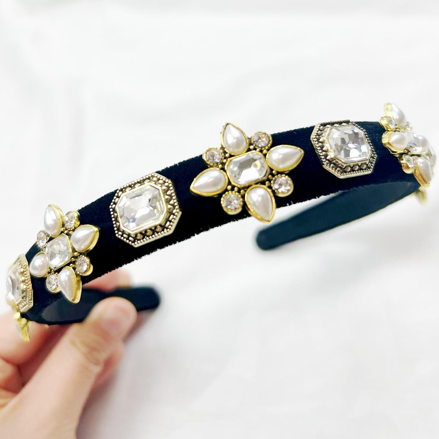 Vintage Velvet Headband Gemstone Rhinestone Pearl  display picture 2