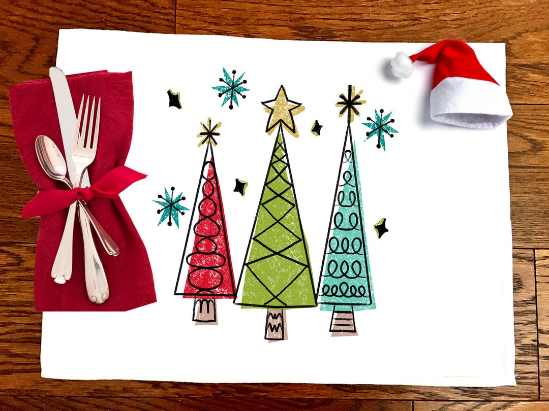 Christmas Trees Placemats, Holiday Decor Placemats Set 4 or 6, Colorful