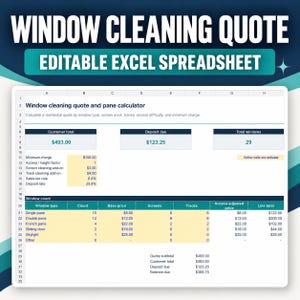 May include: An editable Excel spreadsheet template for window cleaning quotes. The document features a calculator for residential quotes, including fields for window type, screen work, tracks, access difficulty, and a minimum charge.