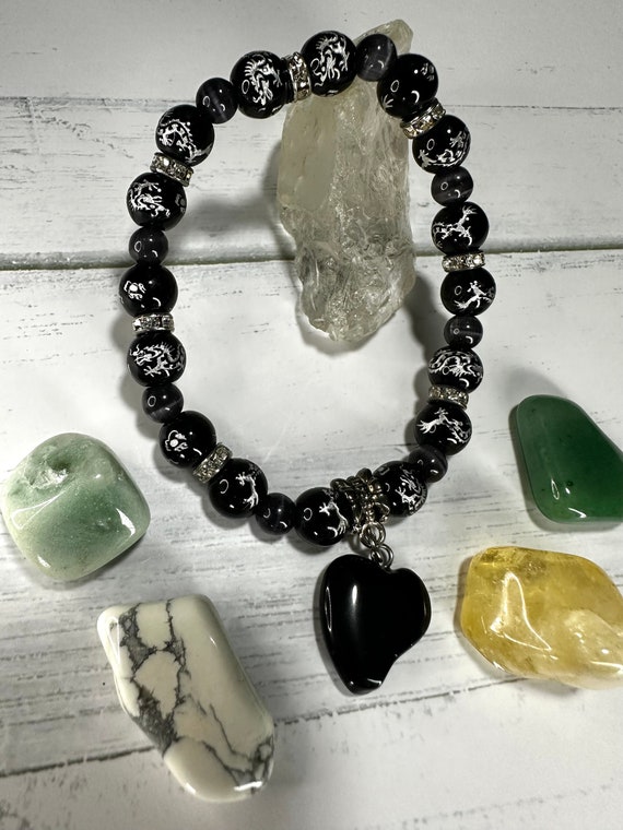 Silver Flying Dragon Black Agate 8mm & Black Cat Eye Gemstone Beaded Bracelet with Black Agate Heart