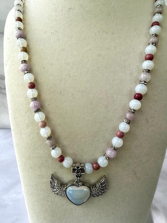 Opal, Purple Angelite, & Rhodochrosite Gemstone Beaded Necklace with Opal Winged Heart Pendant