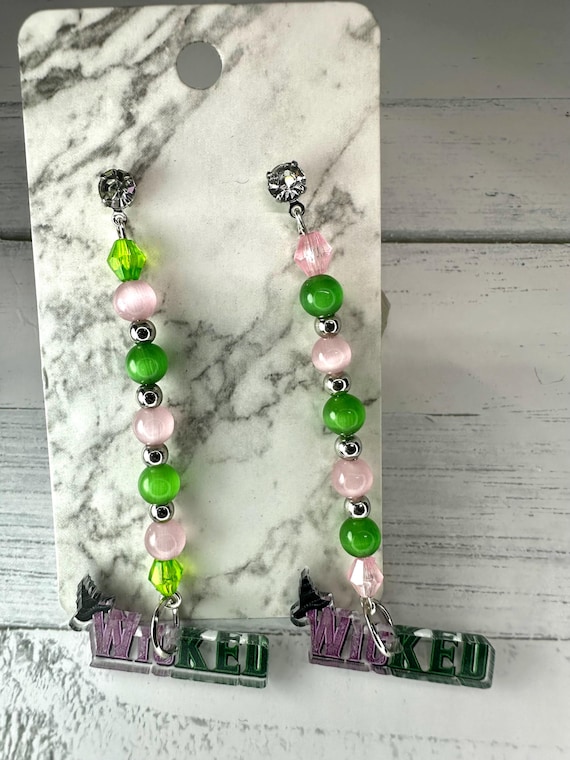 Pink & Green Cat Eye Beaded Earrings with Wicked Charm