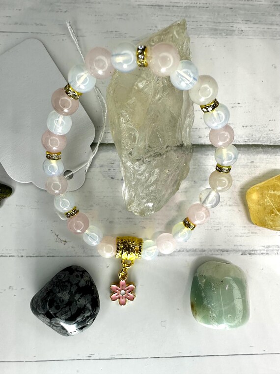 Light Pink Mystic Aura Quartz & White Jade Gemstone Beaded Bracelet with Flower Charm