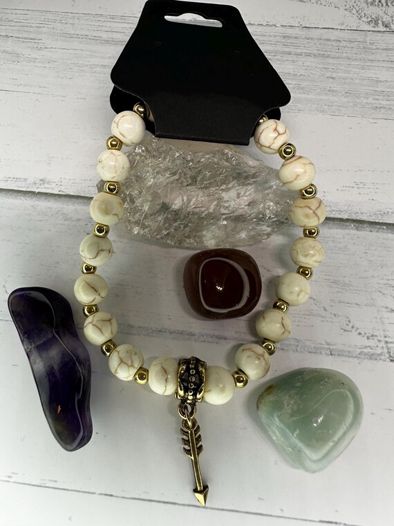 White Turquoise 8MM Gemstone Bracelet with Gold Arrow Charm