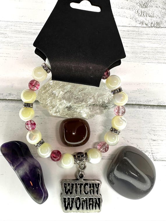 White Mother of Pearl Shell 8MM & Red Phantom Gemstone Witchy Woman Bracelet