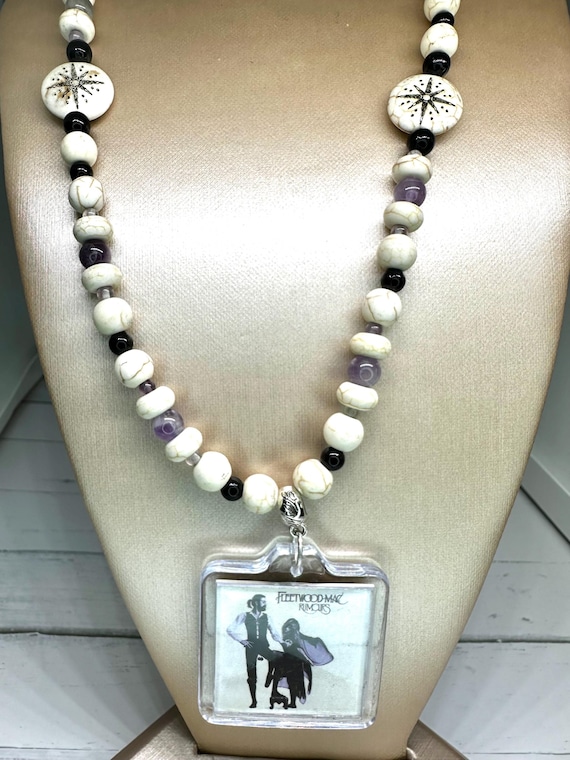 White Turquoise, Black Pearl, Chevron Flower Amethyst, & Purple Fluorite Rumors Gemstone Beaded Necklace