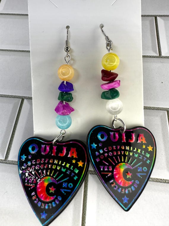 Rainbow Selenite 8MM & Rainbow Agate Ouija Heart Gemstone Earrings