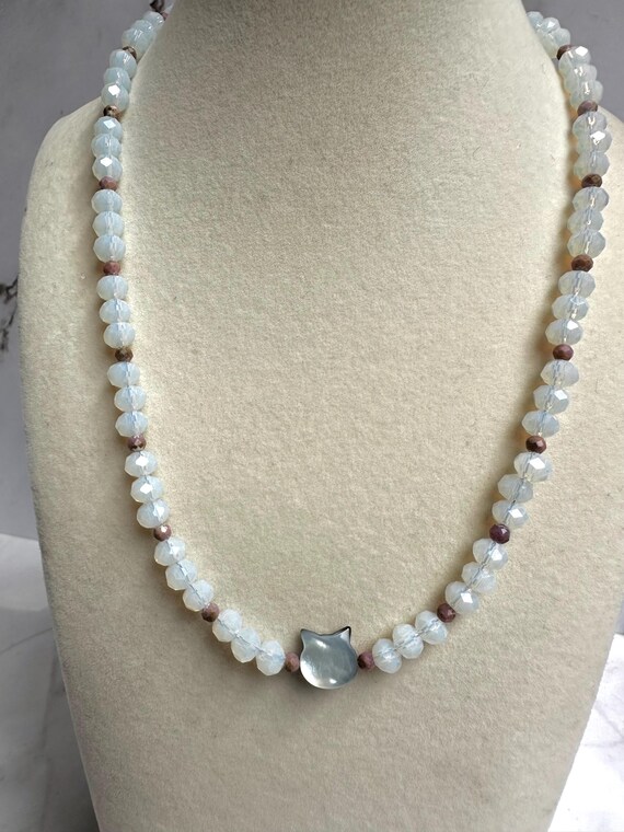 Opal & Purple Mica Beaded Gemstone Choker with  Iridescence Cat Head Pendant