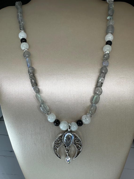 Labradorite, Moonstone & Black Pearl Gemstone Beaded Necklace with Moonstone Pendant