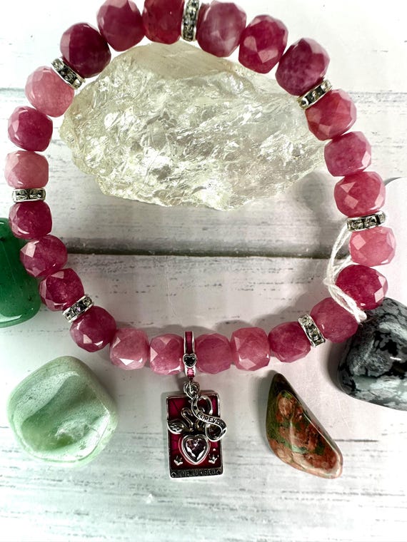 Pink Tourmaline Gemstone Beaded Bracelet with Swan Lovers Charm