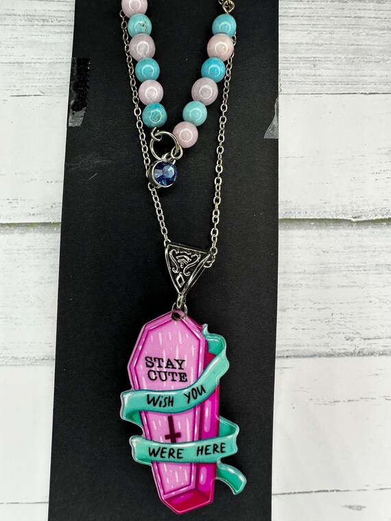 Blue Turquoise & Kunzite Gemstone Necklace with Stay Cute Coffin Charm