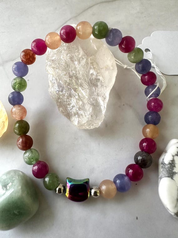 Multi Color Tourmaline Gemstone Beaded Bracelet with Multi Colored Cat Head Charm