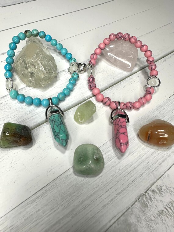 Pink & Blue Turquoise and Selenite Gemstone Beaded Best Friends Bracelets