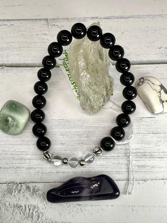 Black Tourmaline 8MM & Clear Quartz Intentions Gemstone Bracelet