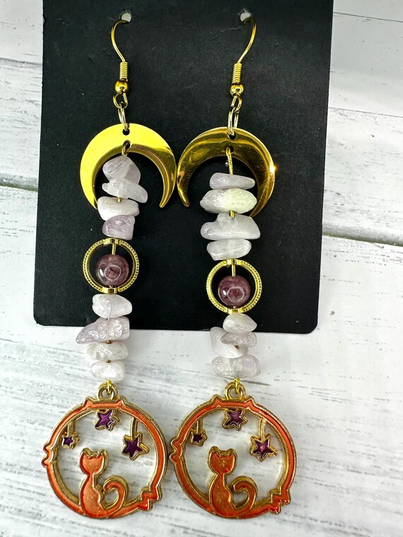 Kunzite & Lepidolite Gemstone Cat and Stars Earrings