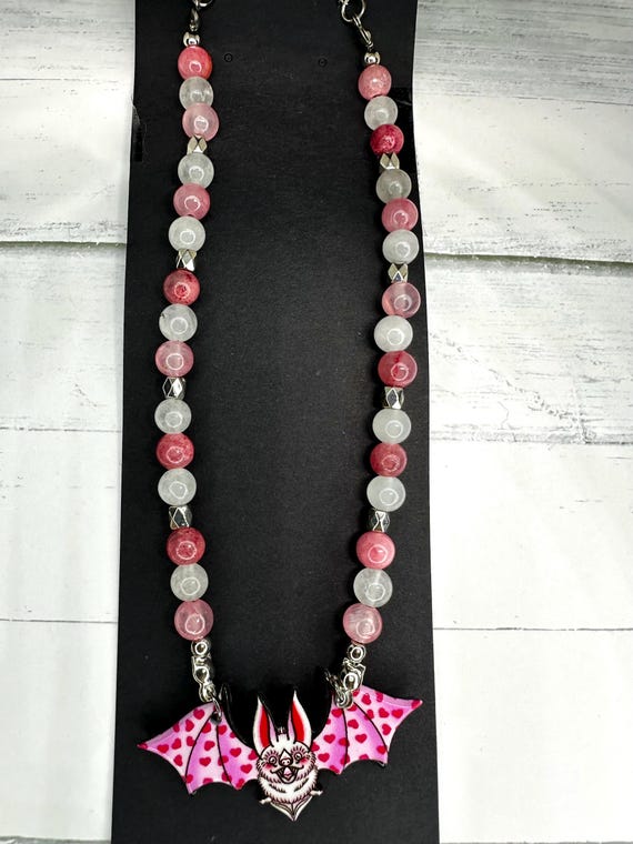 Rose Persian Jade & White Jade Gemstone Beaded Necklace with Bat Charm