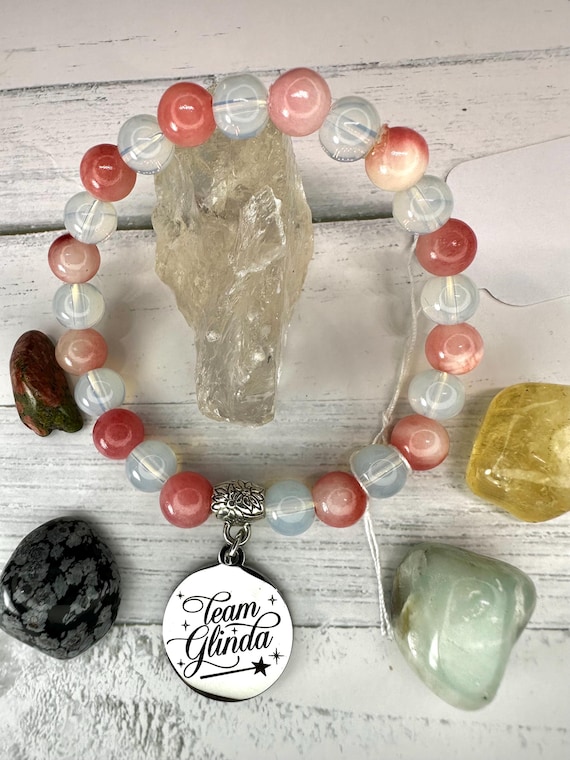Pink Persian Jade 8MM & Opalite 8MM Gemstone Beaded Bracelet with Team Glinda Charm