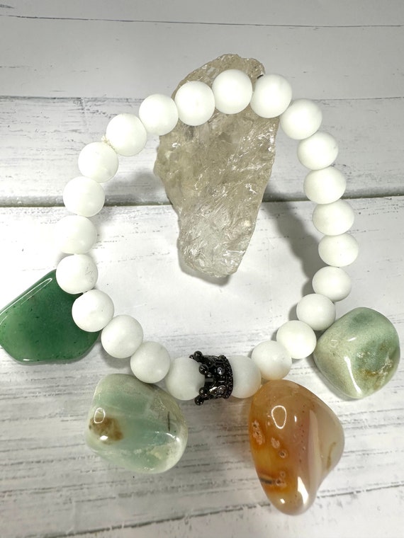 Matte White Jade 8mm Gemstone Beaded Bracelet with Black Crown Charm