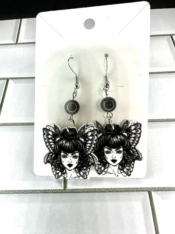 Silver Obsidian 8MM Lady Butterfly Dangle Gemstone Earrings