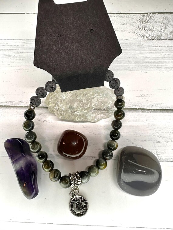 Gray Hawk Eye & Gray Lava Beads Gemstone Moon and Star Bracelet