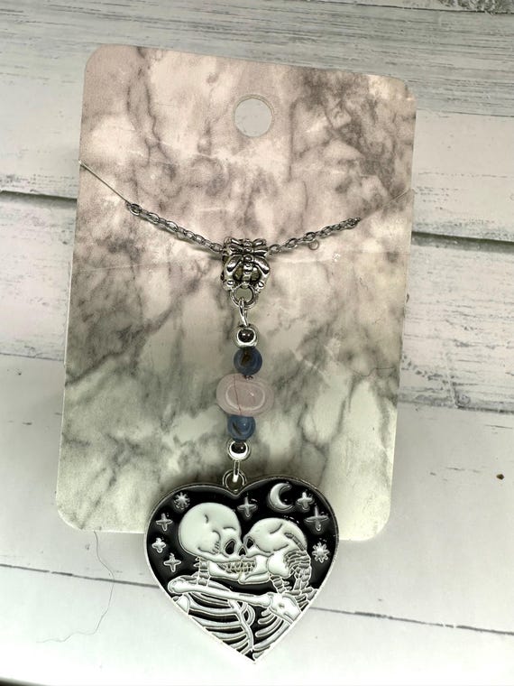 Rose Quartz & Blue Kyanite Gemstone Skeleton Lovers Necklace
