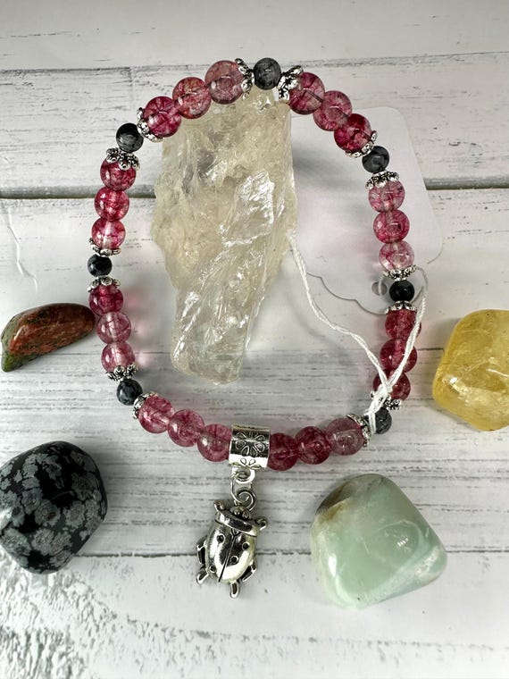 Red Phantom Quartz & Snowflake Obsidian Gemstone Beaded Bracelet with Ladybug Charm
