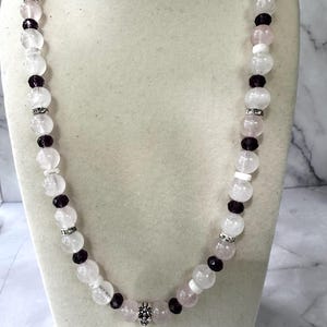Rose Quartz 8MM, Amethyst, & Moonstone Gemstone Beaded Necklace with Rainbow Moonstone Heart Pendant
